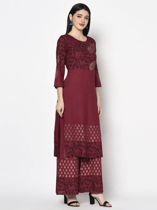 Aniyah Rayon Maroon Color Block Print Straight Kurta (AN-185K) | Grocsy