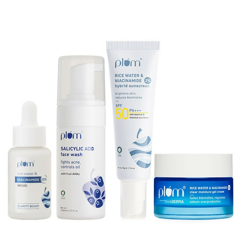 Plum Bright & Clear Skin CSMS (Cleanser, Serum, Moisturizer, Sunscreen) Combo With Niacinamide & Salicylic Acid | Grocsy