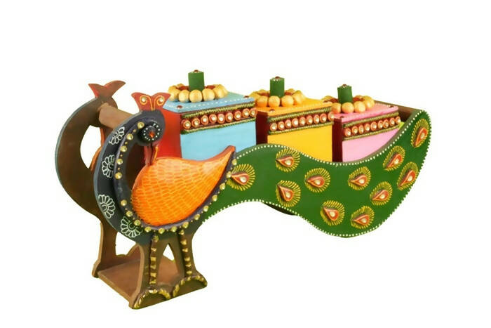 Kundan HandiKrafts Mdf Peacock Dry Fruit 3 Compartment | Grocsy