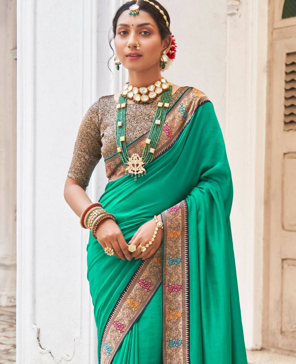 Sea Green Vichitra Solid Saree With Unstitched Blouse Piece - Juhi | Grocsy