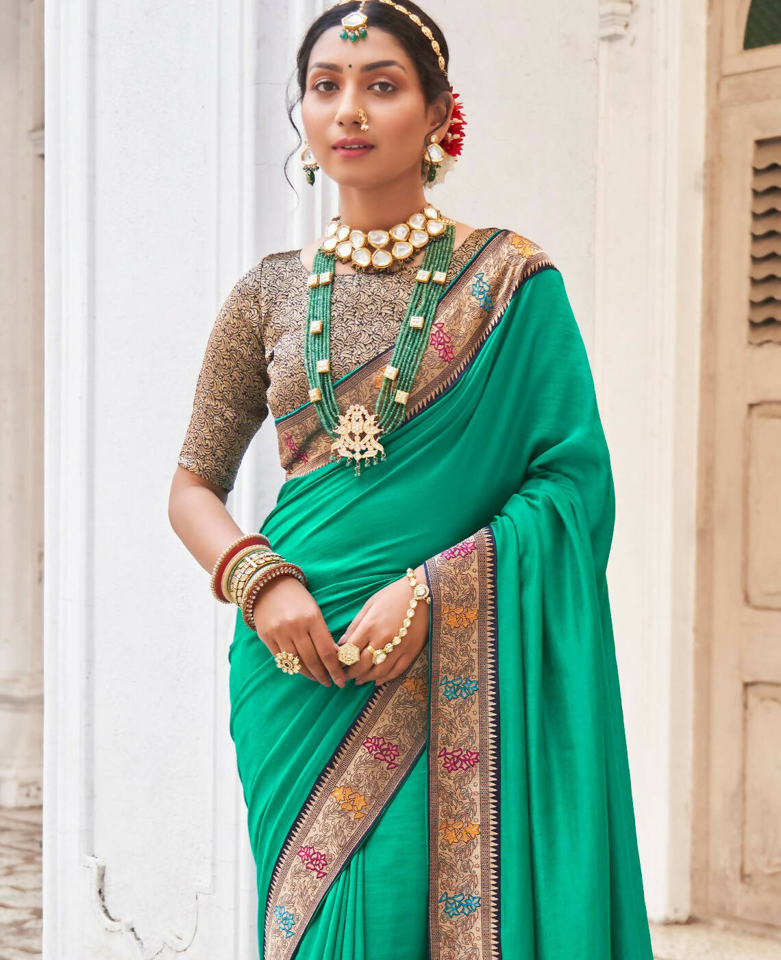 Sea Green Vichitra Solid Saree With Unstitched Blouse Piece - Juhi | Grocsy