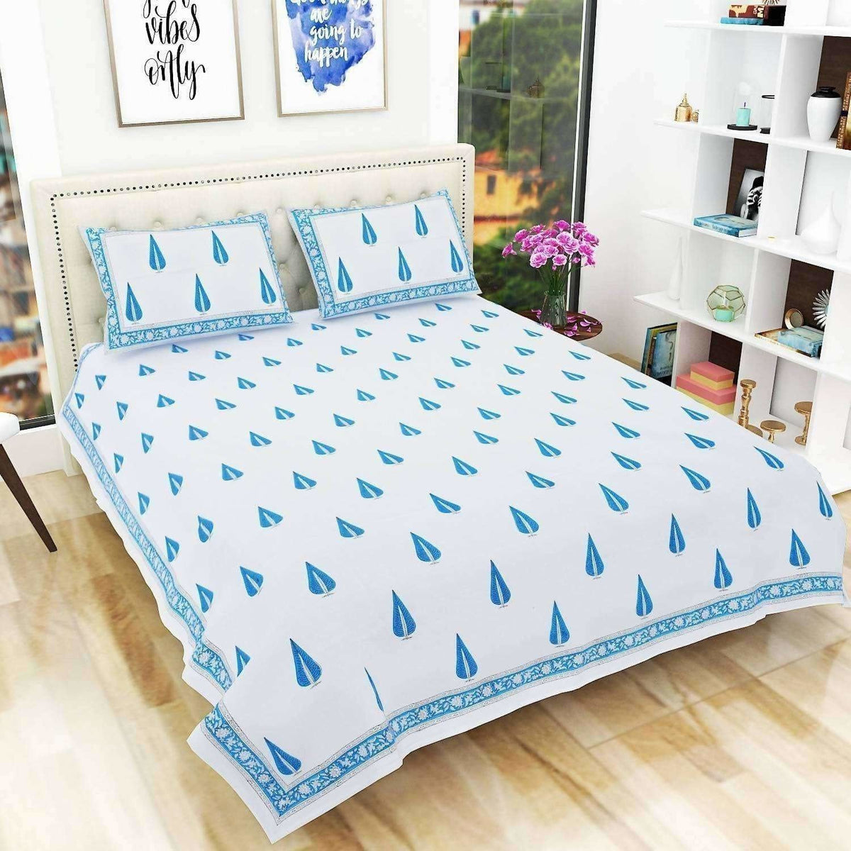 Hand Block Printed Double 230x270 Cms Jaipuri Bedspread with 2 Pillow Covers | Grocsy