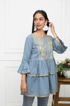 Myshka Women Grey Solid Round Neck Flared Sleeves Pure Cotton Top | Grocsy