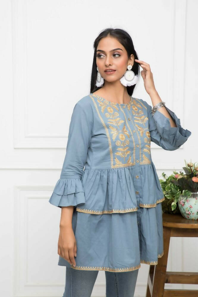 Myshka Women Grey Solid Round Neck Flared Sleeves Pure Cotton Top | Grocsy