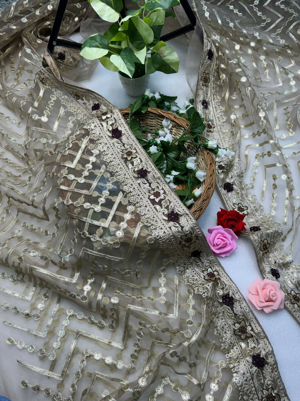 Vastranavya Butterfly Net Designer Chain Stitch Embroidery Work with Foil Thread & Stone Work Saree with Blouse Material - Beige | Grocsy