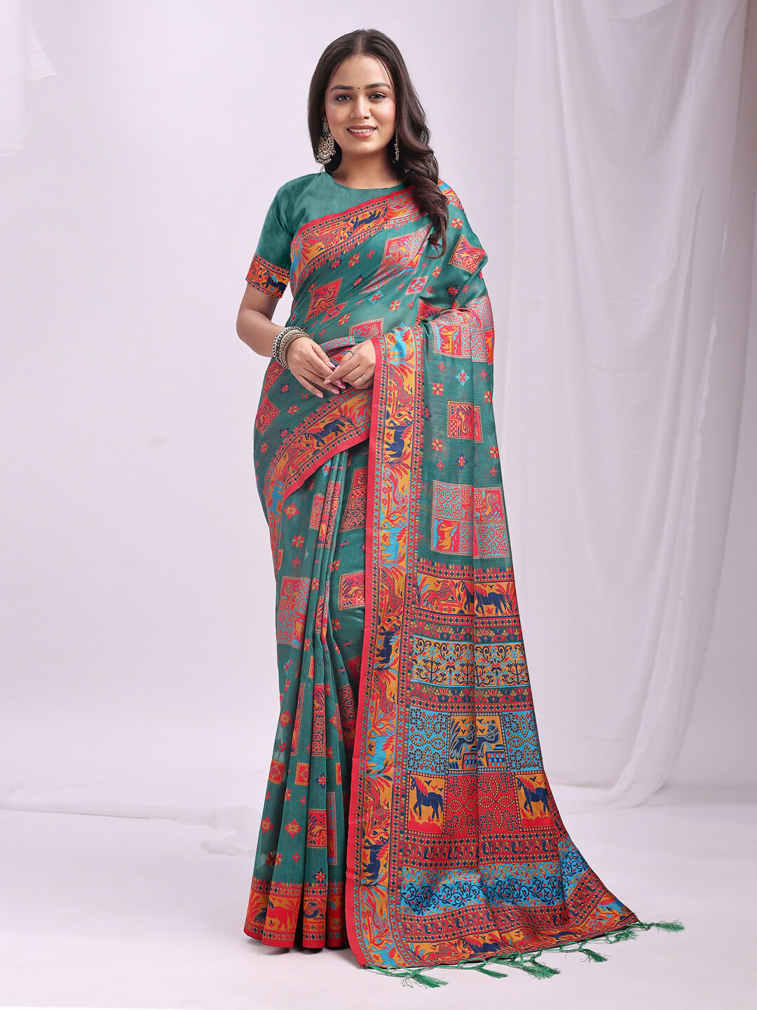 Shree Shyam Fashion Vastraloom Rama Green Linen Cotton Saree | Grocsy
