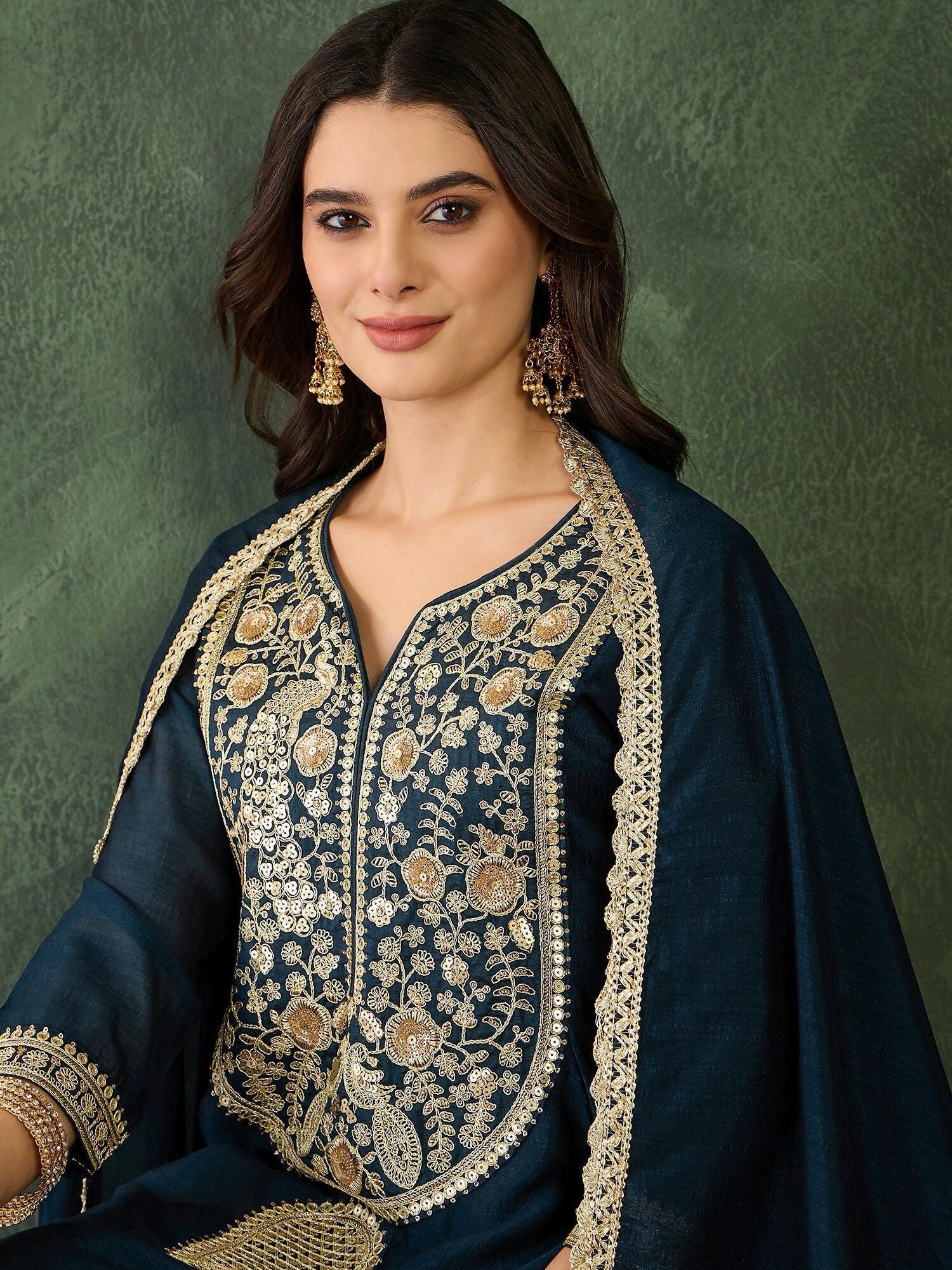 The52 Women's Beautiful Embroidery Work Vichitra Silk Fabric Flared Kurta Pant and Dupatta Set-Petrol | Grocsy