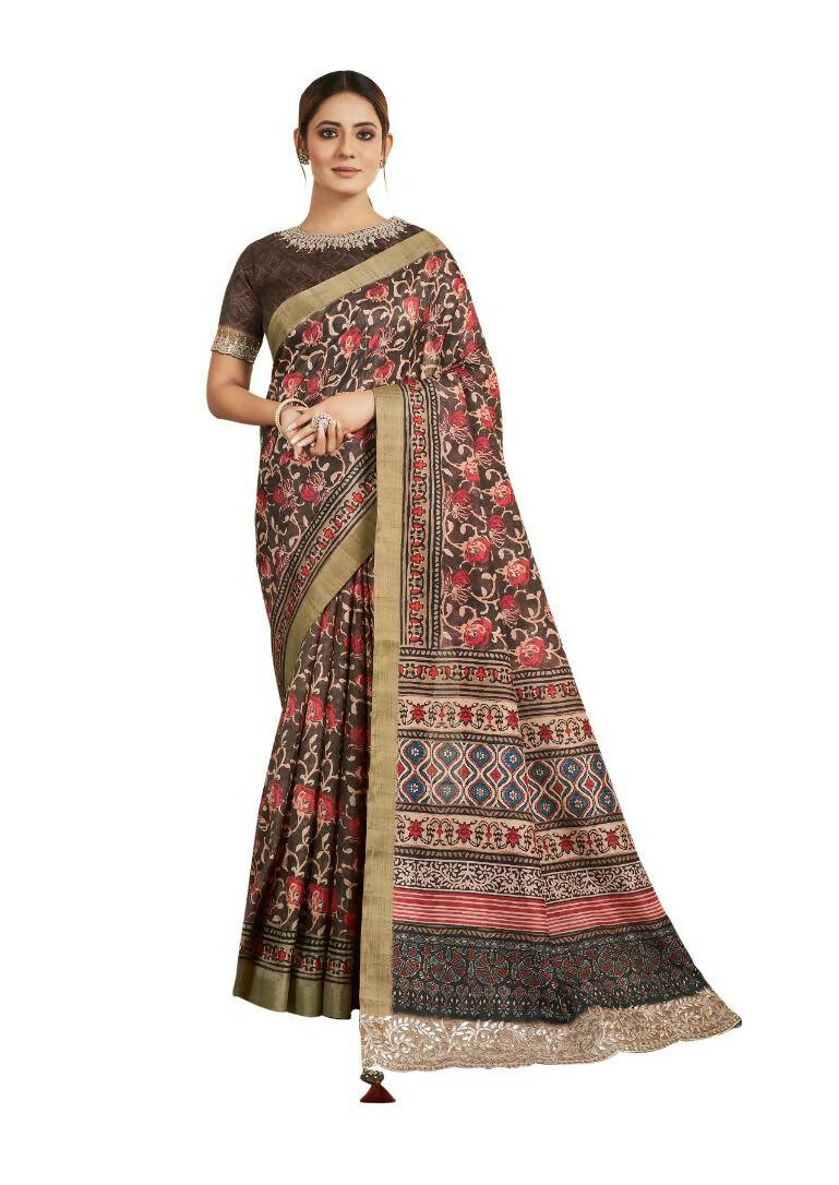 Brown Bhagalpuri Silk Floral Print with Hand work & Stone Work Border Saree - Norita Nirvi | Grocsy