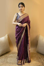 DEIANA'S Beautiful Designer Golden zari Soft Lichi Silk Saree - Wine | Grocsy