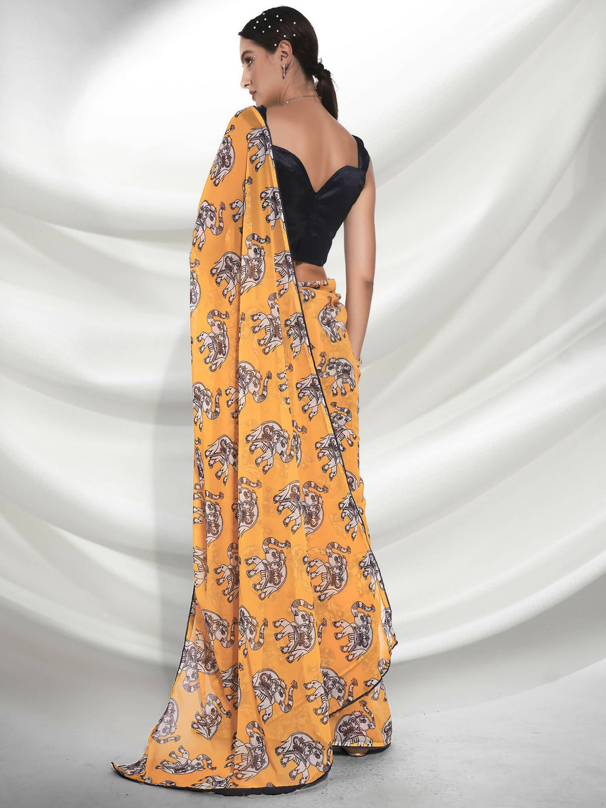 Yellow Georgette Animal Printed Saree With Unstitched Blouse Piece - Rajal | Grocsy