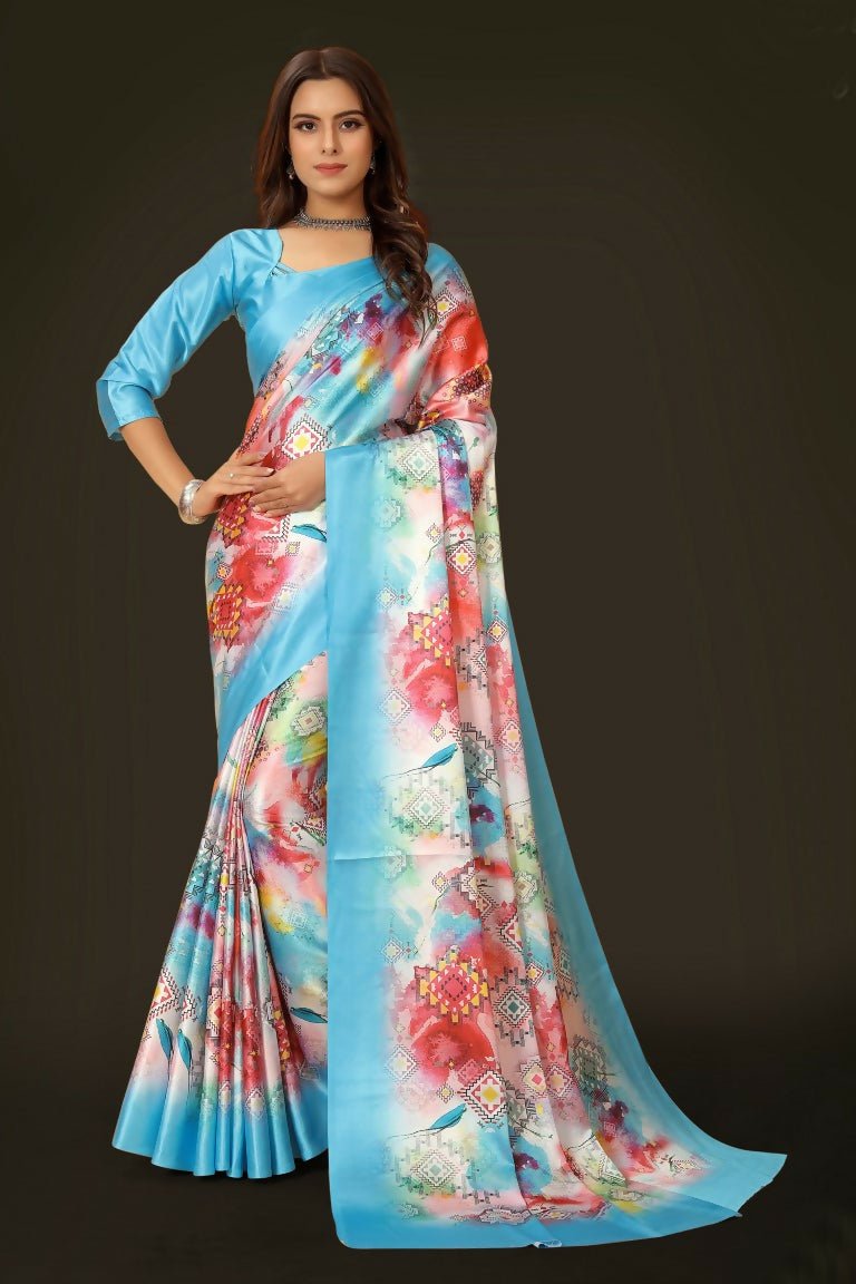 Aayaa Designer Printed Satin Saree - Multi Color | Grocsy