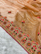 Vastranavya Twill Net Designer Embroidery & Colour Thread & Diamond work Saree with Blouse Material - Peach | Grocsy