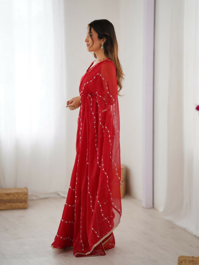 Red Sitara Chiffon Designer Beads Moti,Val Sequence Work Saree - Noorie | Grocsy