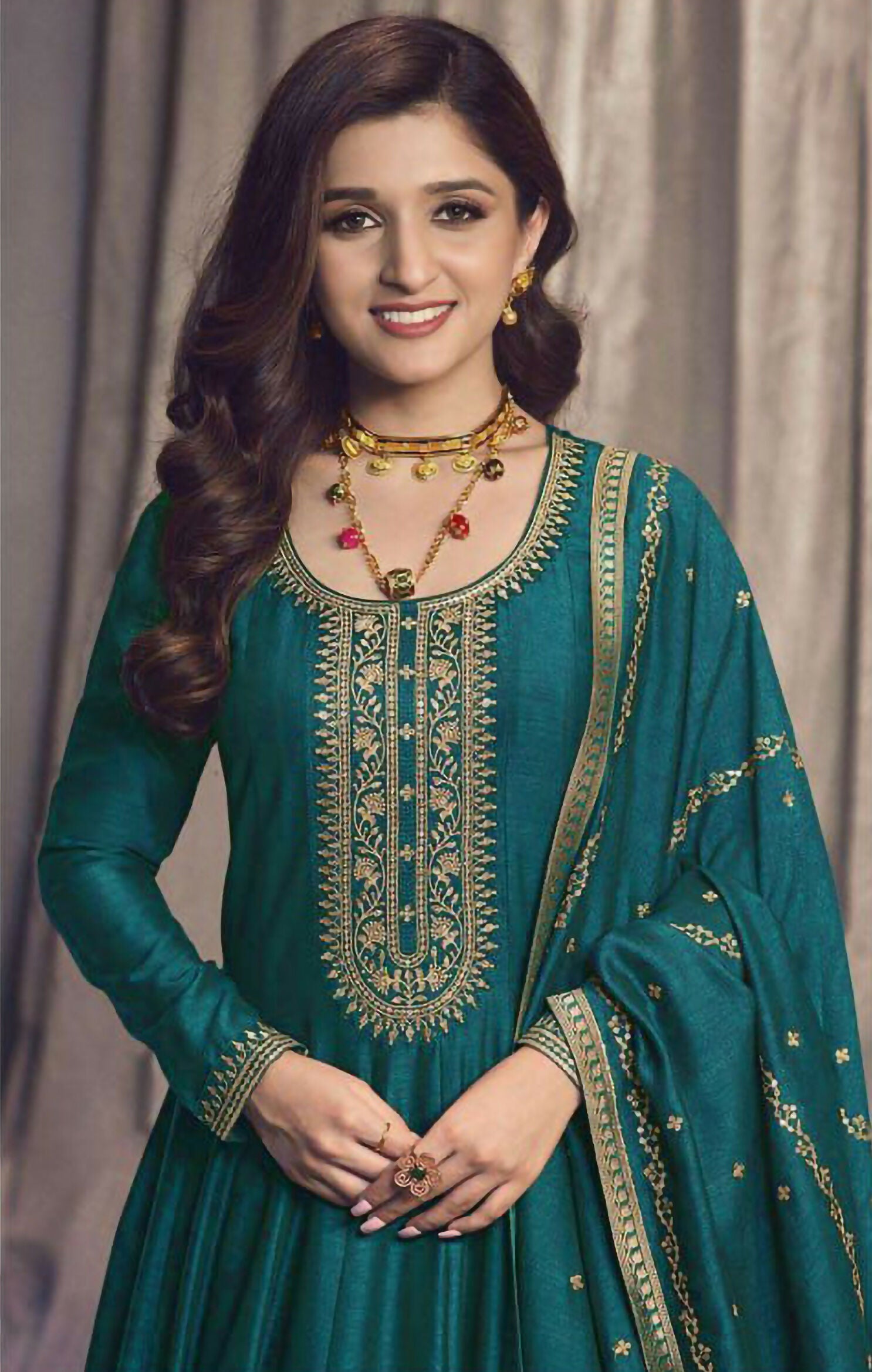 Vastranavya Nidhi Shah Teal Art Silk Embroidered Anarkali Suit | Grocsy