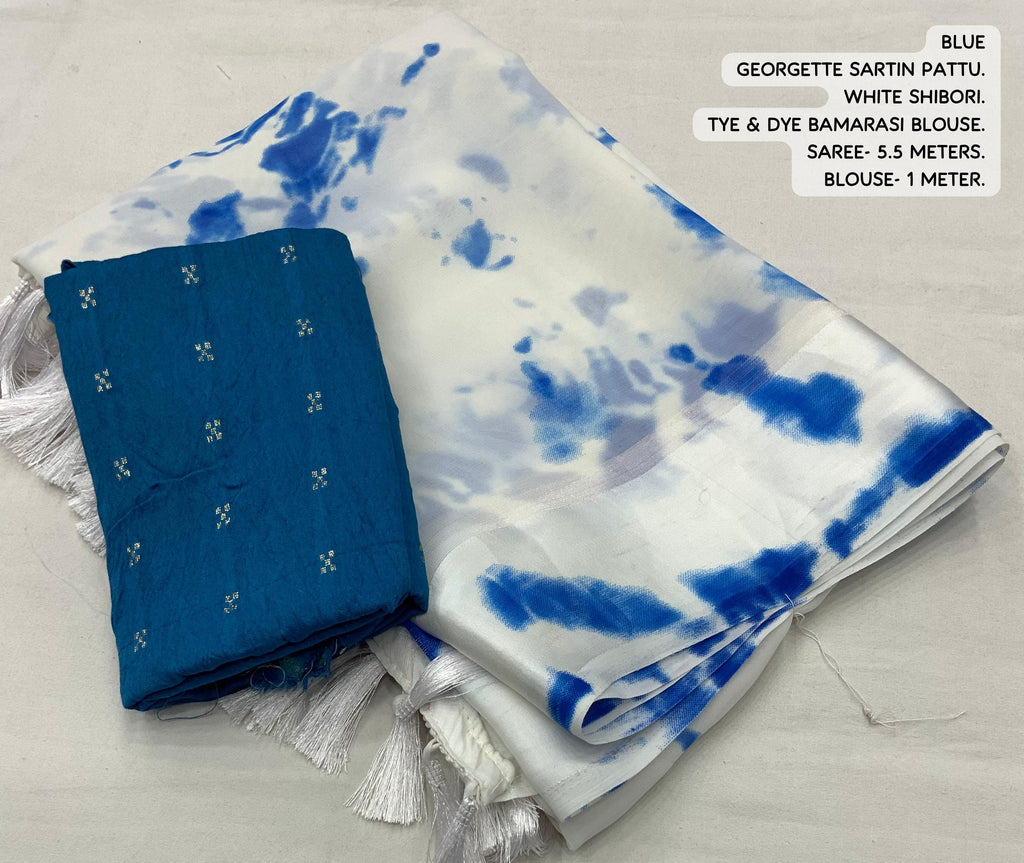 Blue Poly Georgette Tie And Dye Saree with Unstitched Blouse - A2M | Grocsy