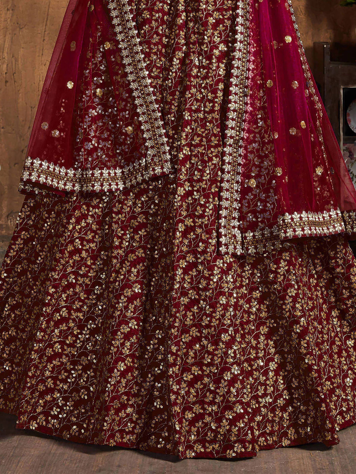 Tulsi Art Maroon Zari Embroidery Raw Silk Wedding Lehenga Choli With Dupatta | Grocsy