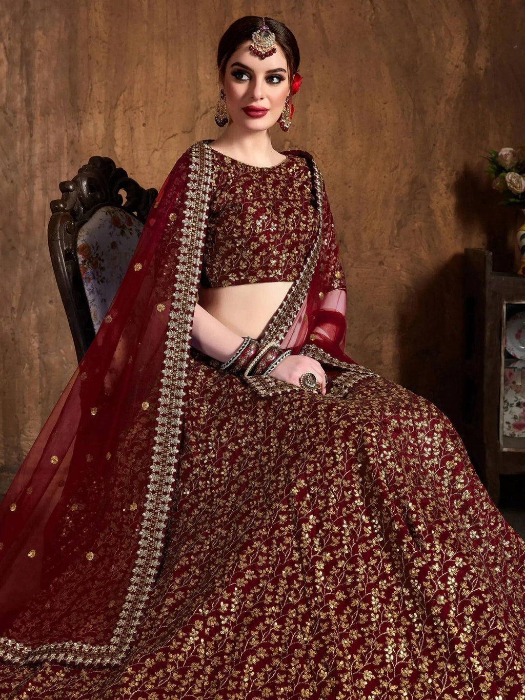 Tulsi Art Maroon Zari Embroidery Raw Silk Wedding Lehenga Choli With Dupatta | Grocsy