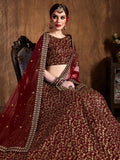 Tulsi Art Maroon Zari Embroidery Raw Silk Wedding Lehenga Choli With Dupatta | Grocsy