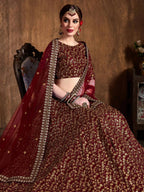 Tulsi Art Maroon Zari Embroidery Raw Silk Wedding Lehenga Choli With Dupatta | Grocsy