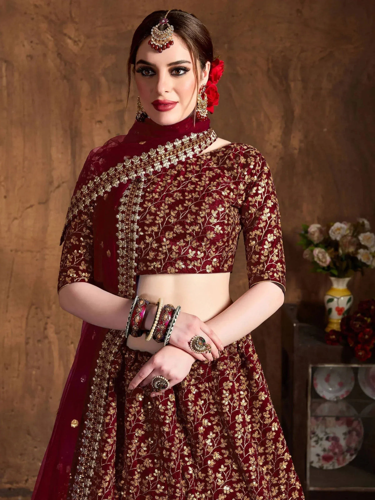 Tulsi Art Maroon Zari Embroidery Raw Silk Wedding Lehenga Choli With Dupatta | Grocsy