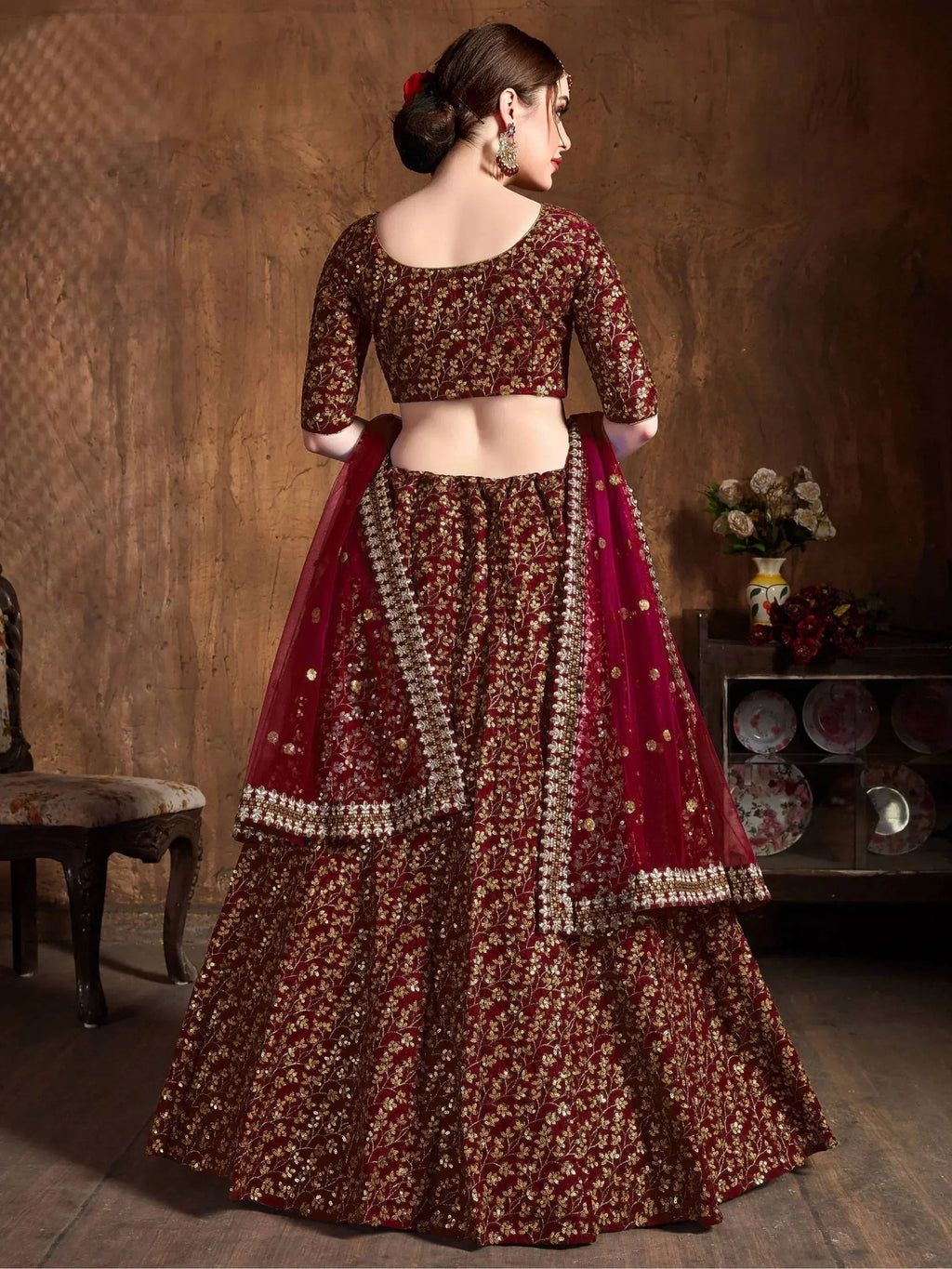 Tulsi Art Maroon Zari Embroidery Raw Silk Wedding Lehenga Choli With Dupatta | Grocsy