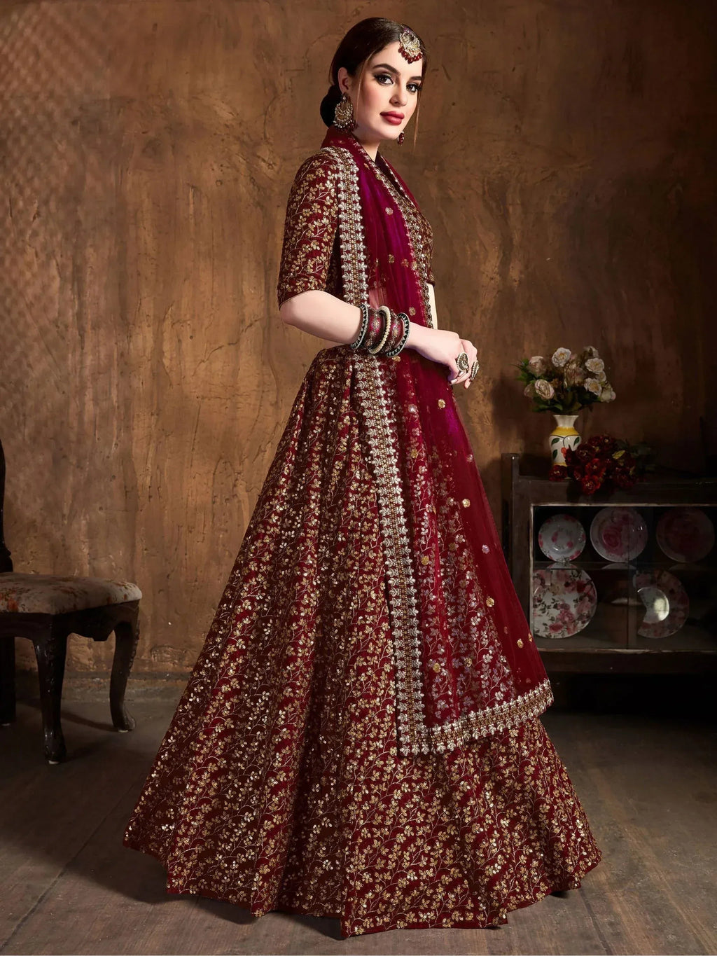 Tulsi Art Maroon Zari Embroidery Raw Silk Wedding Lehenga Choli With Dupatta | Grocsy