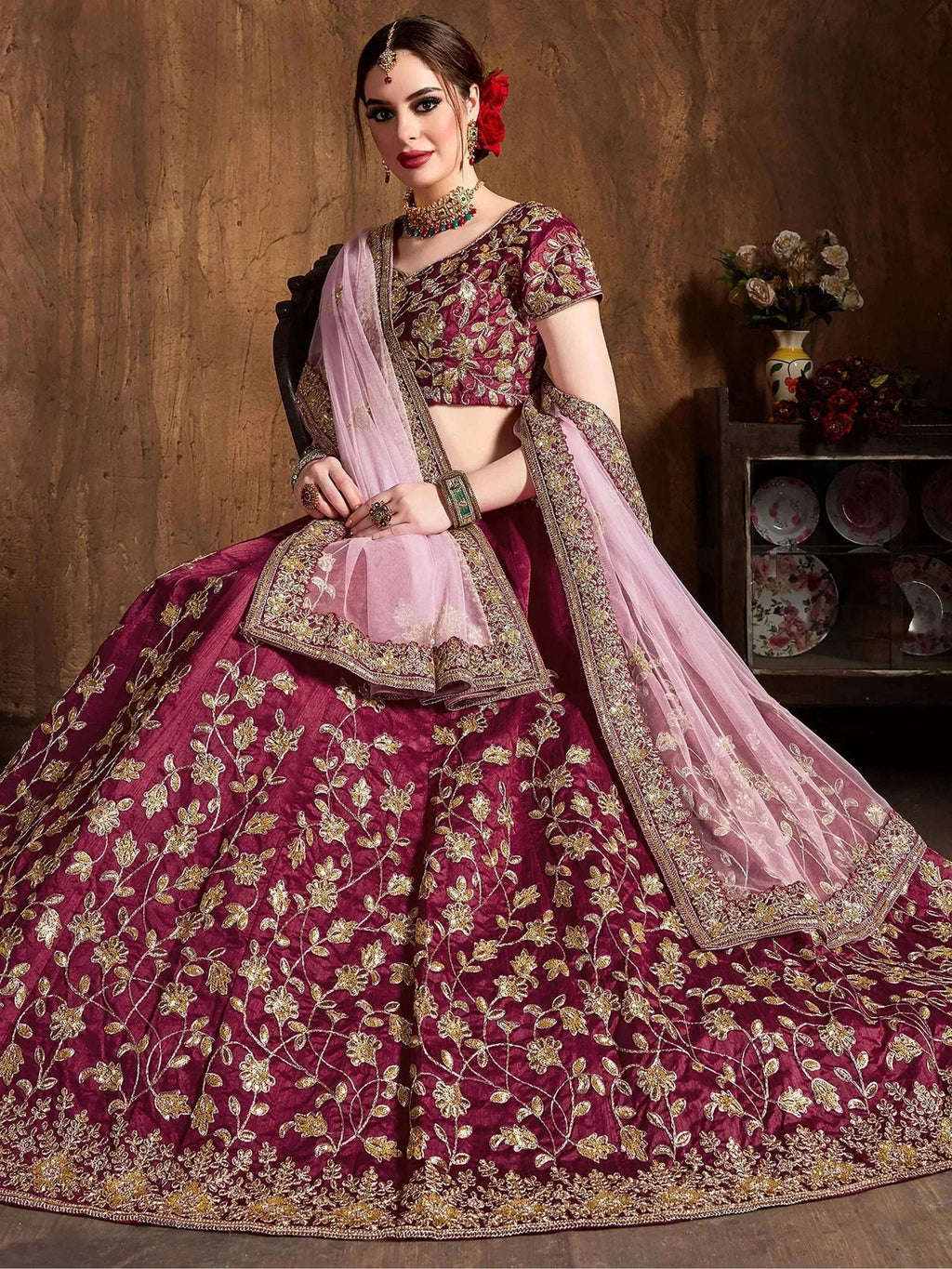 Tulsi Art Maroon Sequins Raw Silk Bridal Lehenga Choli With Pink Dupatta | Grocsy