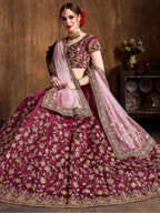 Tulsi Art Maroon Sequins Raw Silk Bridal Lehenga Choli With Pink Dupatta | Grocsy