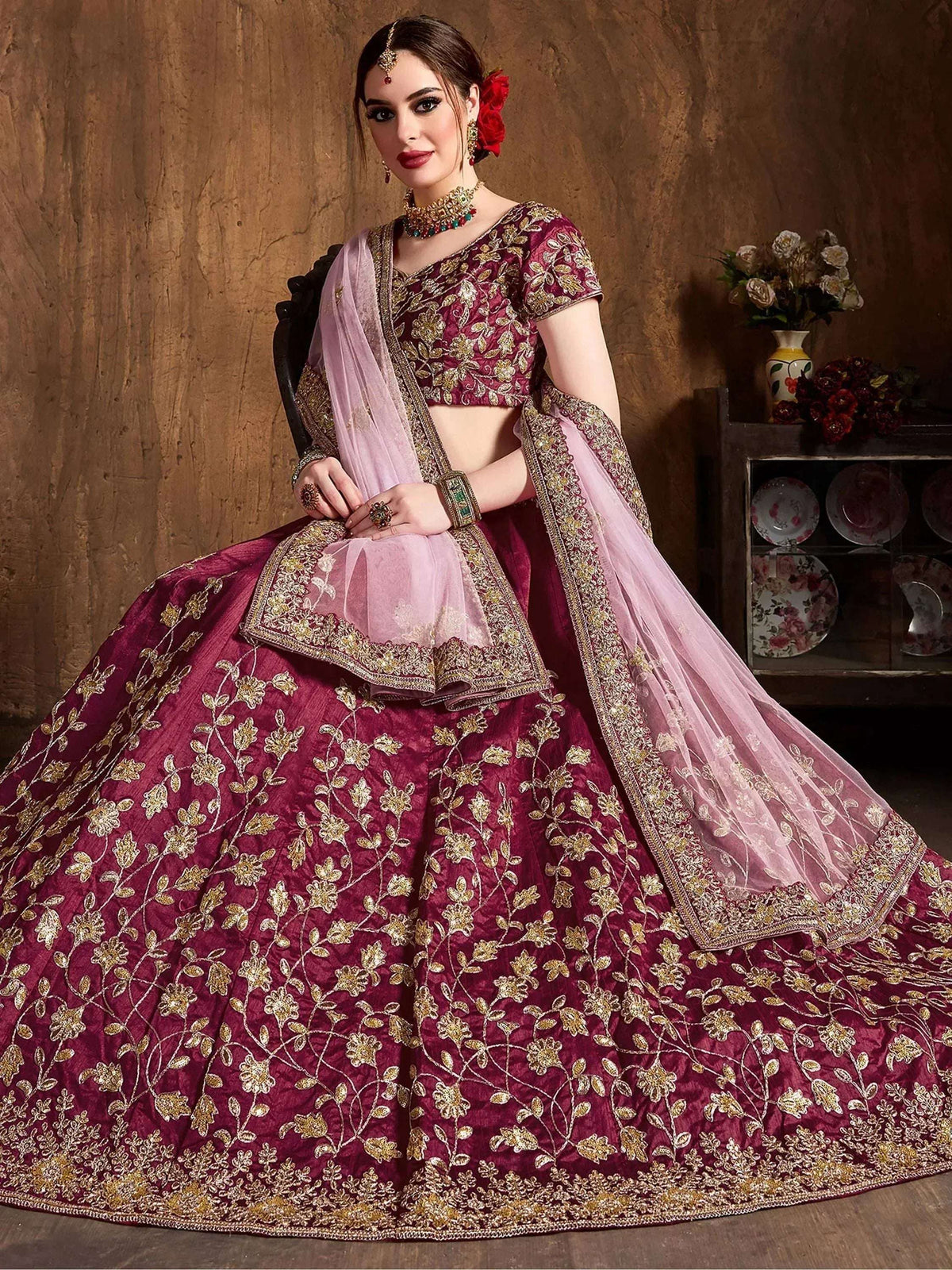 Tulsi Art Maroon Sequins Raw Silk Bridal Lehenga Choli With Pink Dupatta | Grocsy