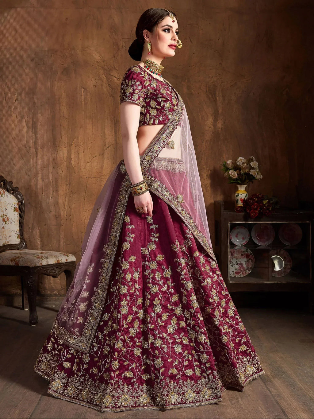 Tulsi Art Maroon Sequins Raw Silk Bridal Lehenga Choli With Pink Dupatta | Grocsy