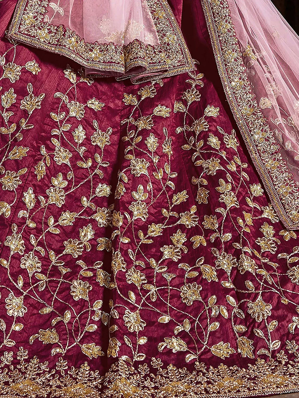 Tulsi Art Maroon Sequins Raw Silk Bridal Lehenga Choli With Pink Dupatta | Grocsy