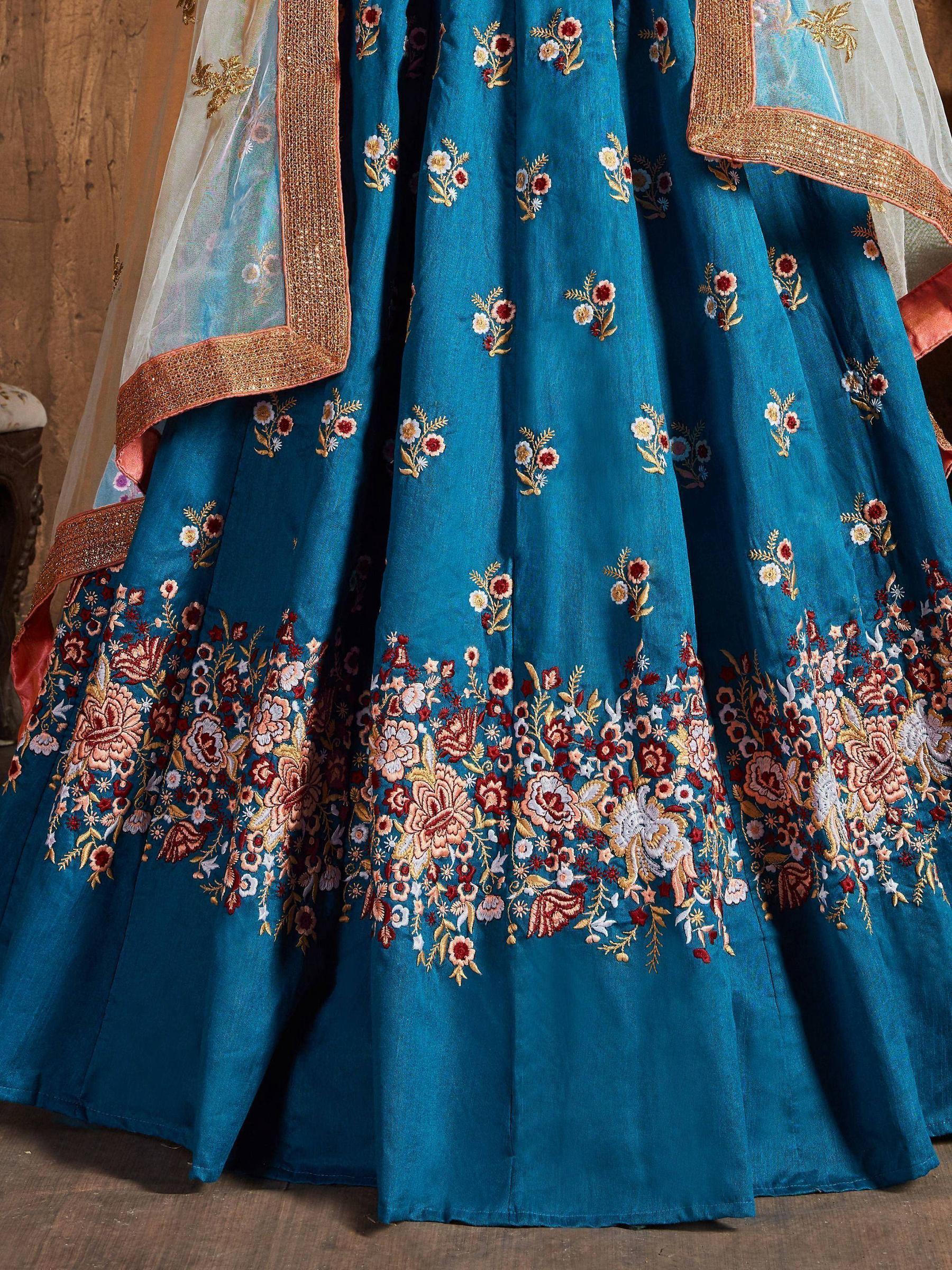 Tulsi Art Teal Blue Thread Work Raw Silk Bridal Lehenga With Peach Choli And Off-White Dupatta | Grocsy