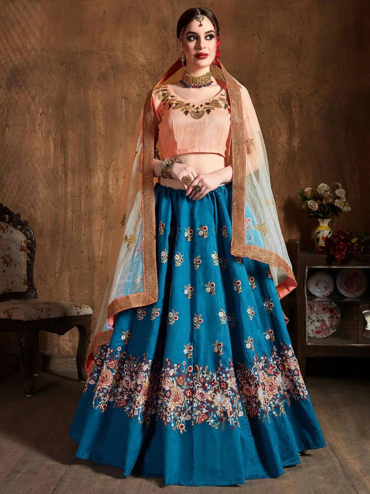 Tulsi Art Teal Blue Thread Work Raw Silk Bridal Lehenga With Peach Choli And Off-White Dupatta | Grocsy