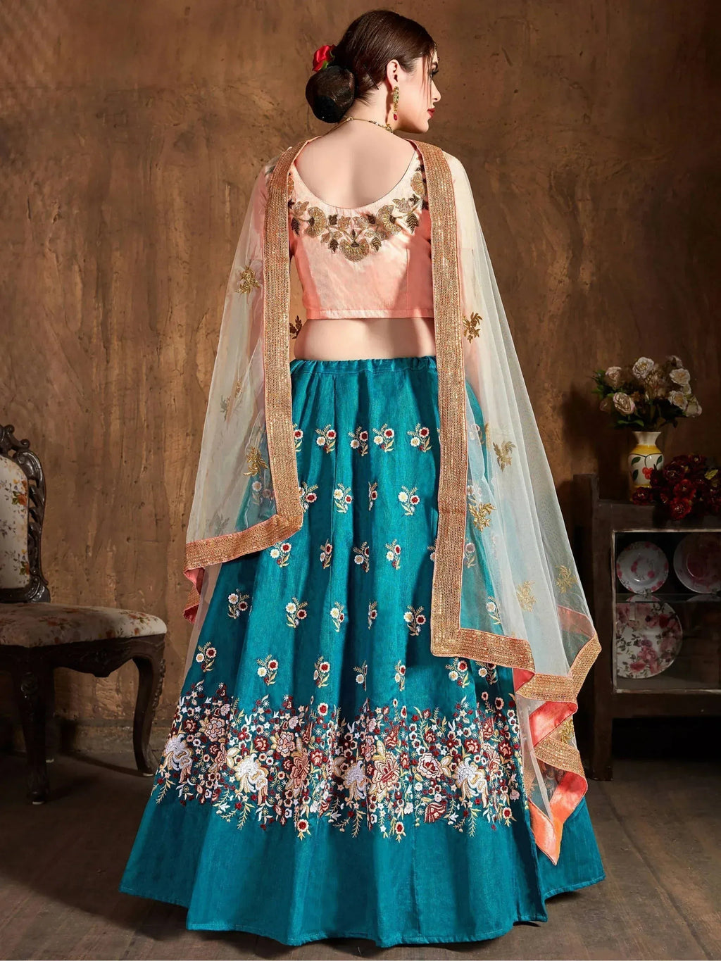 Tulsi Art Teal Blue Thread Work Raw Silk Bridal Lehenga With Peach Choli And Off-White Dupatta | Grocsy