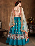 Tulsi Art Teal Blue Thread Work Raw Silk Bridal Lehenga With Peach Choli And Off-White Dupatta | Grocsy