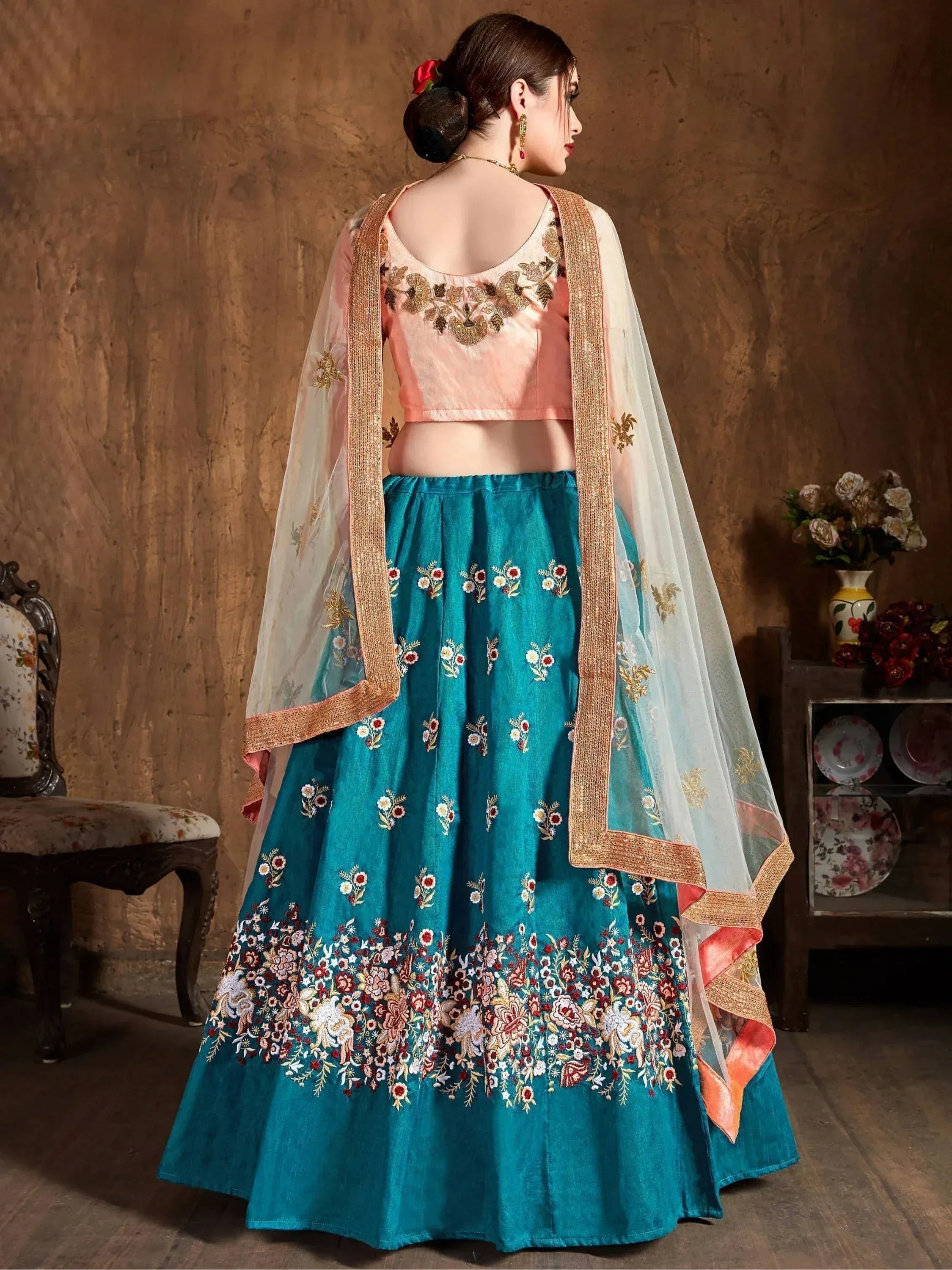 Tulsi Art Teal Blue Thread Work Raw Silk Bridal Lehenga With Peach Choli And Off-White Dupatta | Grocsy