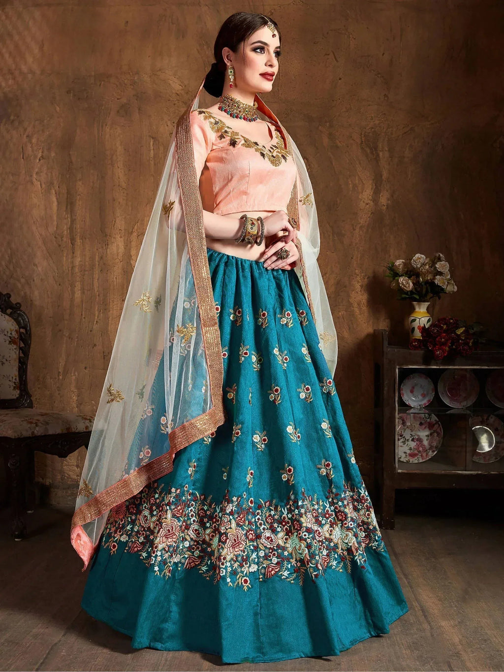 Tulsi Art Teal Blue Thread Work Raw Silk Bridal Lehenga With Peach Choli And Off-White Dupatta | Grocsy