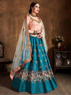 Tulsi Art Teal Blue Thread Work Raw Silk Bridal Lehenga With Peach Choli And Off-White Dupatta | Grocsy