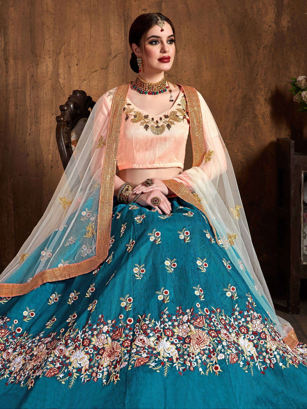 Tulsi Art Teal Blue Thread Work Raw Silk Bridal Lehenga With Peach Choli And Off-White Dupatta | Grocsy