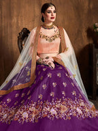 Tulsi Art Purple Thread Work Raw Silk Bridal Lehenga With Peach Choli And Off-White Dupatta | Grocsy