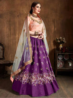 Tulsi Art Purple Thread Work Raw Silk Bridal Lehenga With Peach Choli And Off-White Dupatta | Grocsy
