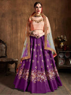 Tulsi Art Purple Thread Work Raw Silk Bridal Lehenga With Peach Choli And Off-White Dupatta | Grocsy