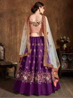 Tulsi Art Purple Thread Work Raw Silk Bridal Lehenga With Peach Choli And Off-White Dupatta | Grocsy