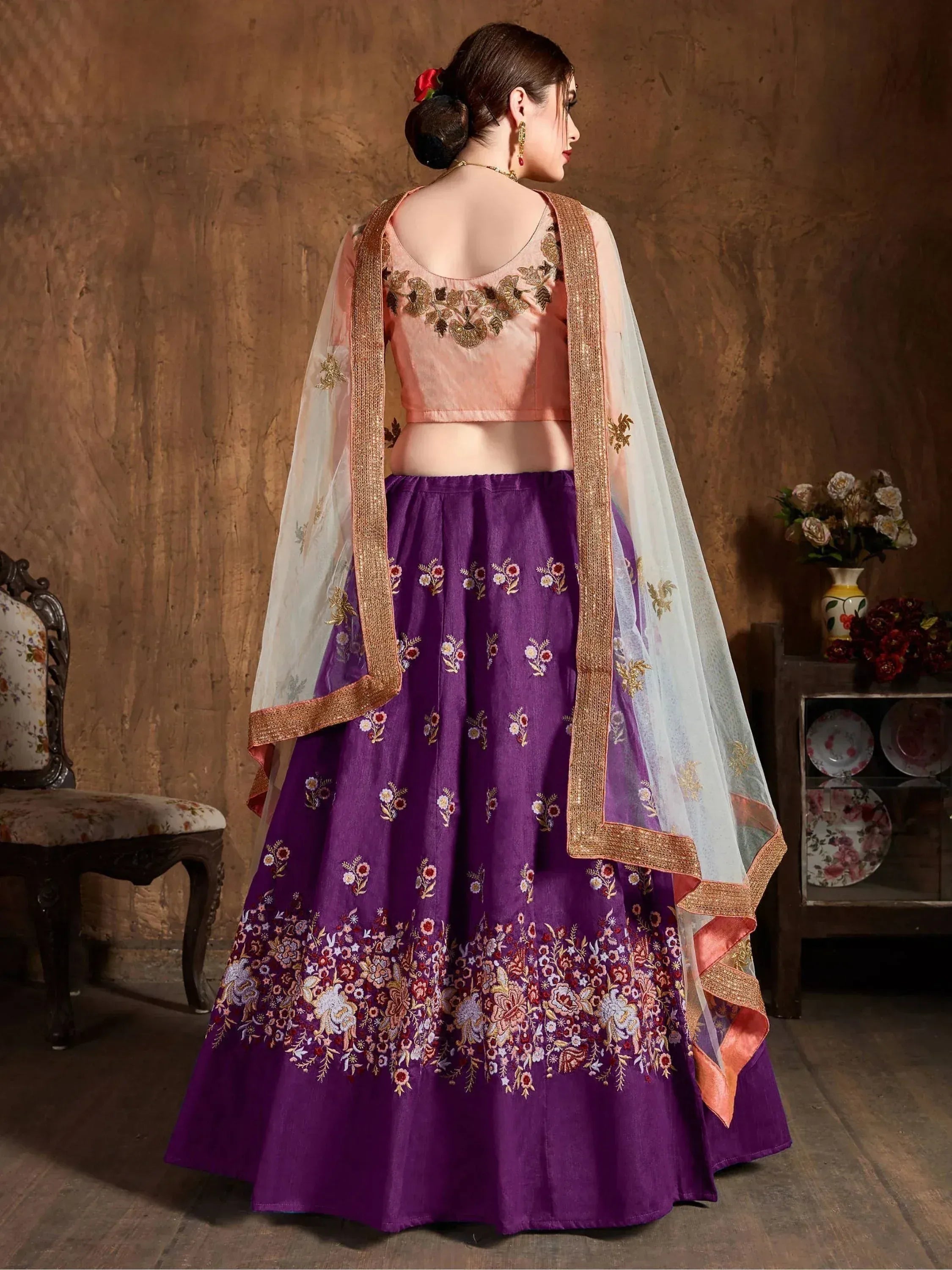 Tulsi Art Purple Thread Work Raw Silk Bridal Lehenga With Peach Choli And Off-White Dupatta | Grocsy