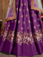 Tulsi Art Purple Thread Work Raw Silk Bridal Lehenga With Peach Choli And Off-White Dupatta | Grocsy