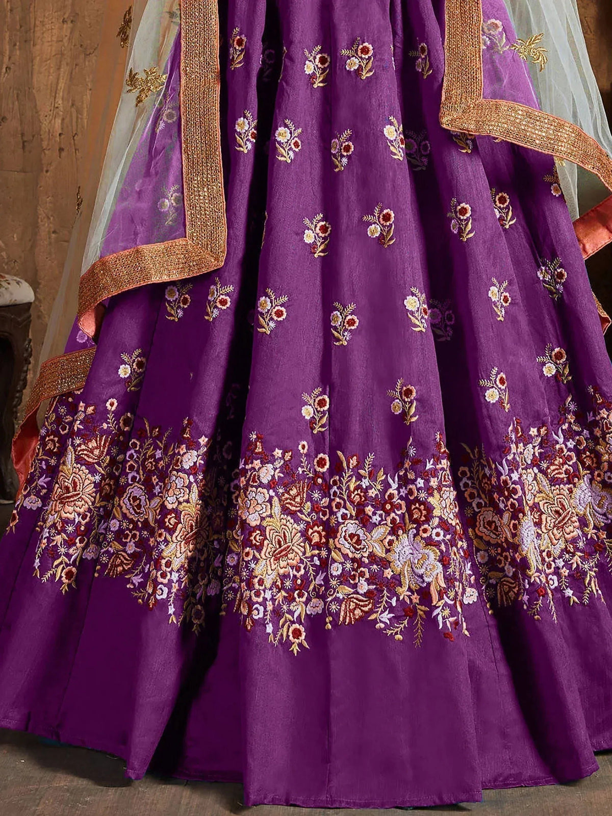 Tulsi Art Purple Thread Work Raw Silk Bridal Lehenga With Peach Choli And Off-White Dupatta | Grocsy