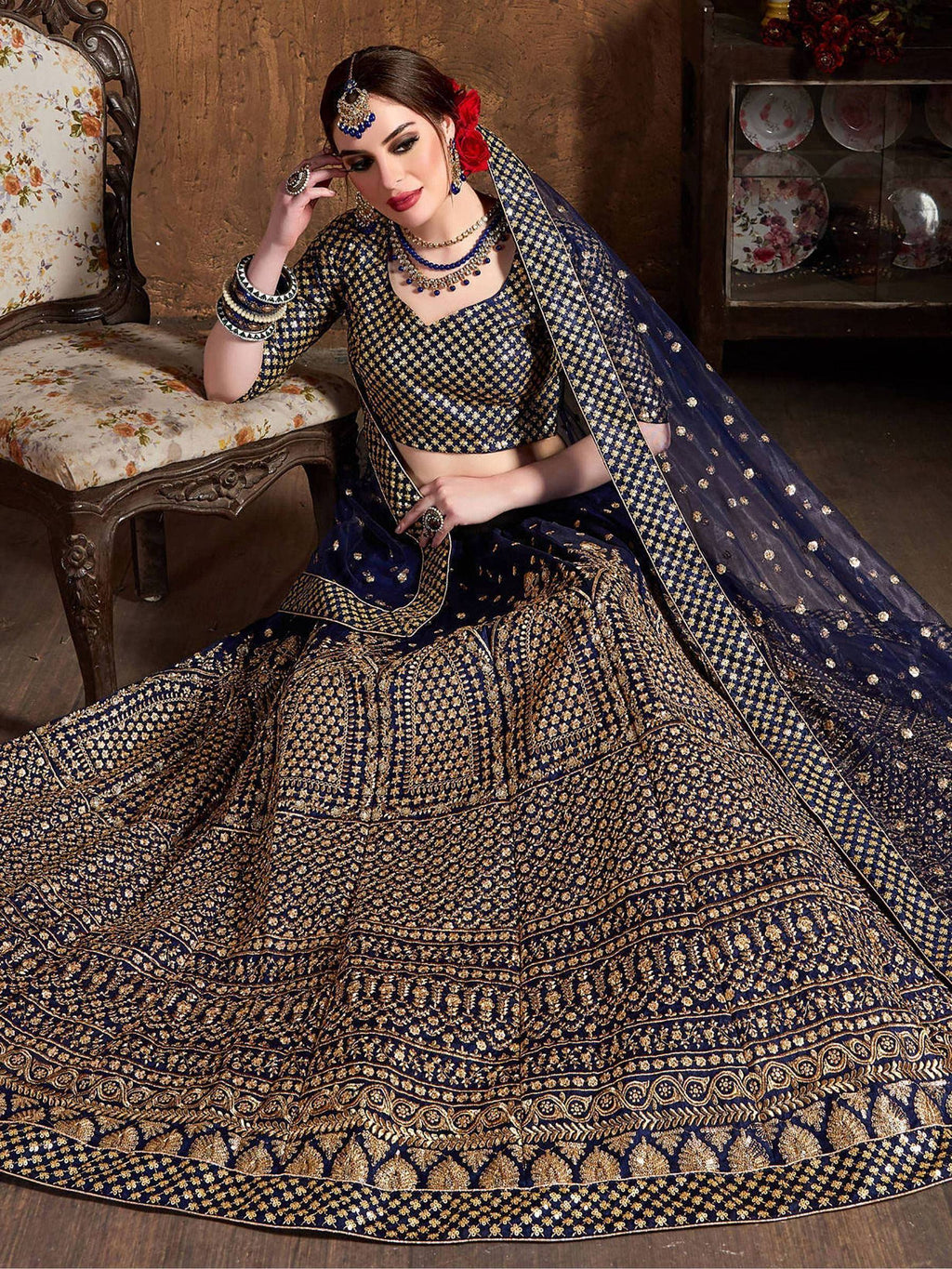 Tulsi Art Navy Blue Sequins Raw Silk Wedding Lehenga Choli With Dupatta | Grocsy