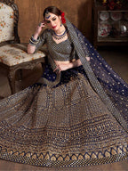 Tulsi Art Navy Blue Sequins Raw Silk Wedding Lehenga Choli With Dupatta | Grocsy