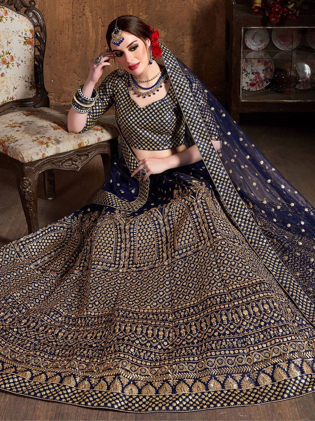 Tulsi Art Navy Blue Sequins Raw Silk Wedding Lehenga Choli With Dupatta | Grocsy