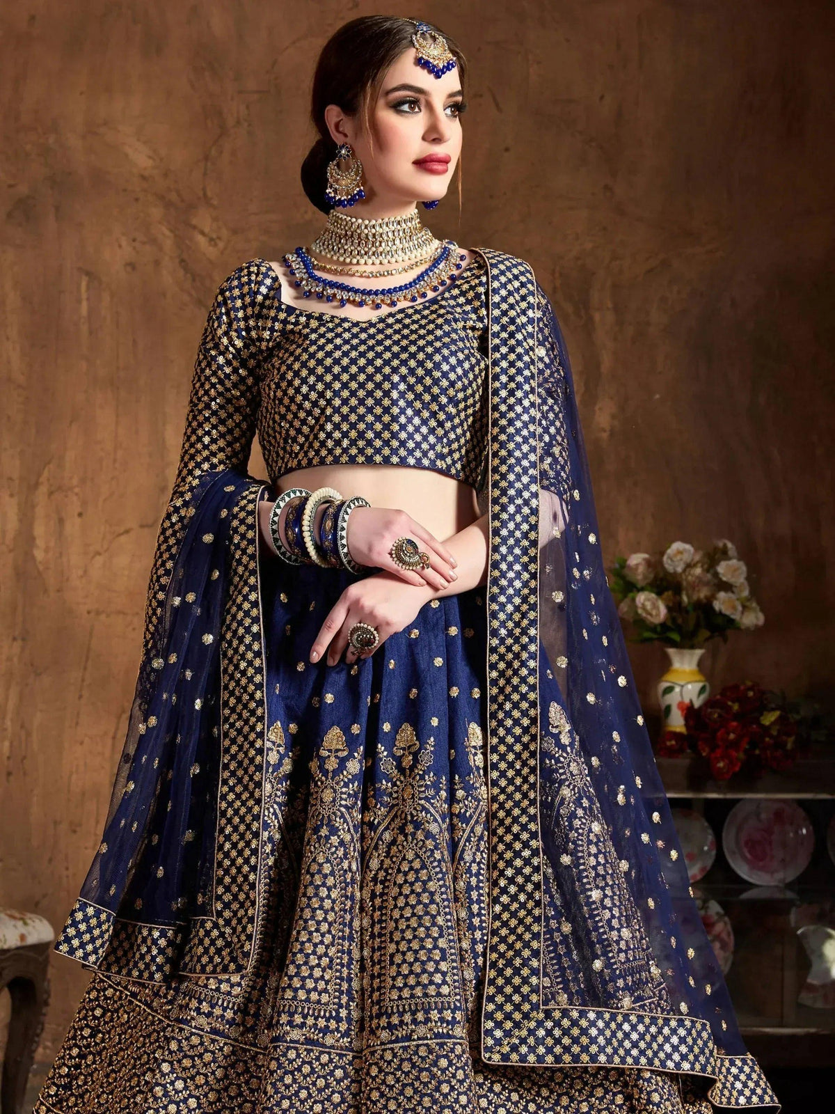 Tulsi Art Navy Blue Sequins Raw Silk Wedding Lehenga Choli With Dupatta | Grocsy